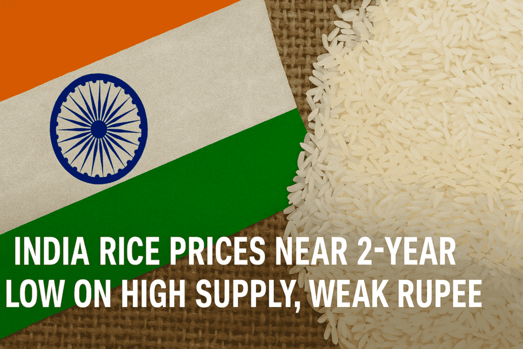 India rice prices drop near 2-year low due to high supply and weak rupee.