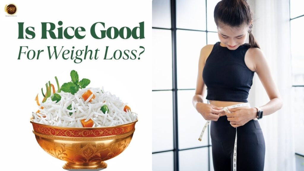 Bowl of rice with weight loss icons and health benefits.