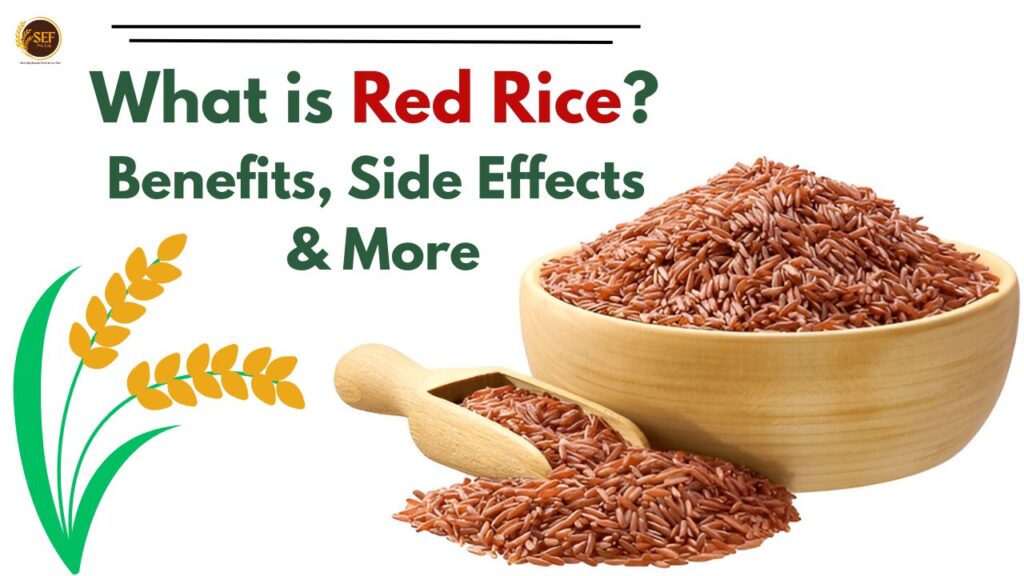 A bowl of red rice on a wooden table with a spoon, showing healthy grains rich in fiber and antioxidants.