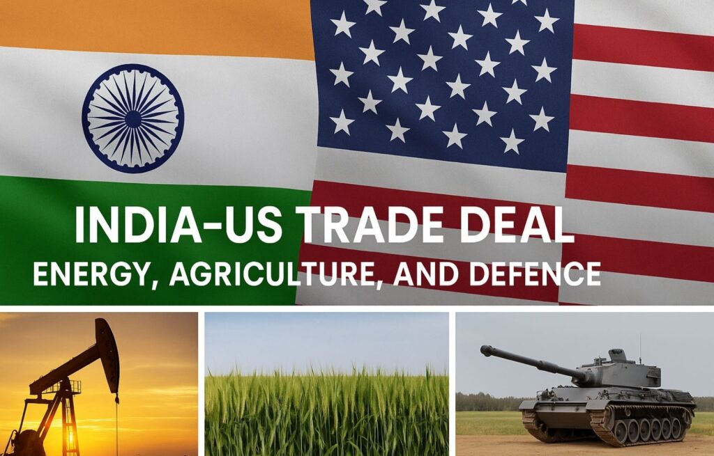 India–US trade deal concept with national flags, oil pumpjack, green agriculture field, and military tank representing energy, agriculture, and defence sectors.