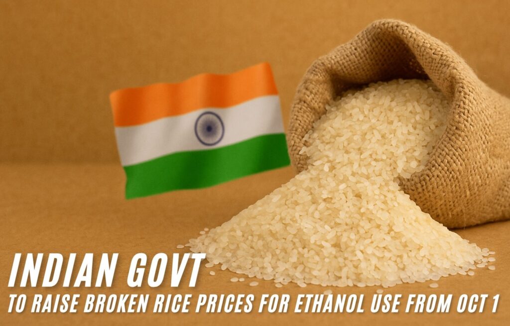 Burlap sack spilling broken rice with Indian flag in background, symbolizing policy on ethanol rice pricing.