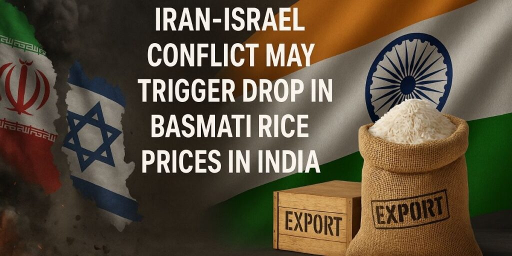 Iran-Israel conflict impacts India’s Basmati rice exports with flags and rice sack symbolizing trade tensions and price drop risk.