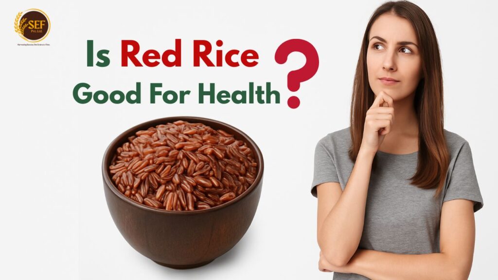 Healthy young woman eating red rice with heart and wellness icons around.