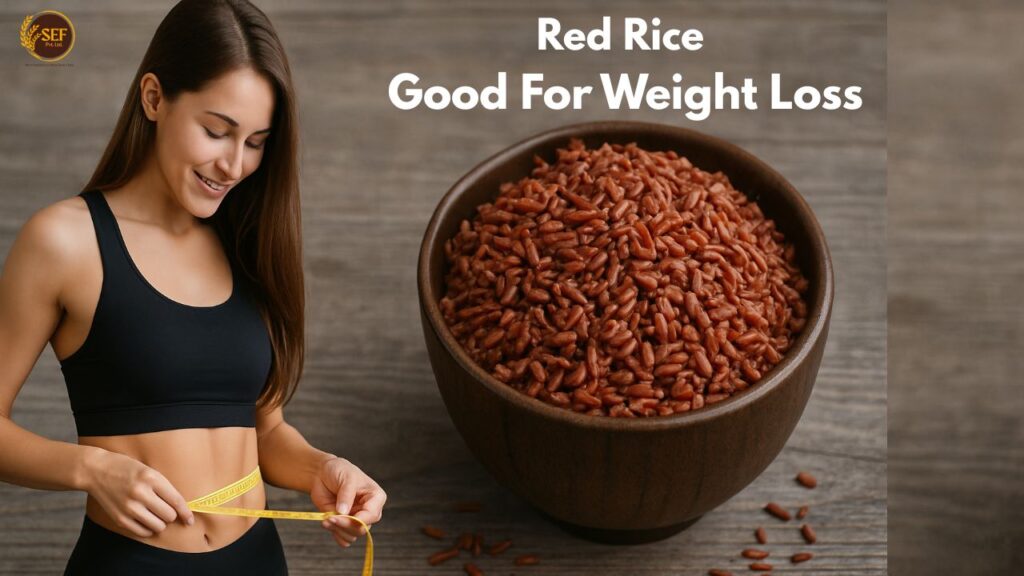 Measuring tape around a bowl of red rice, symbolizing weight loss benefits.
