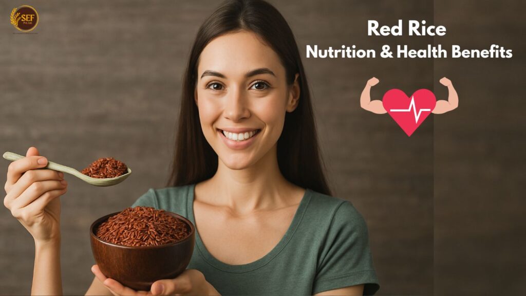 Bowl of cooked red rice with health icons showing vitamins, minerals, and fiber content.
