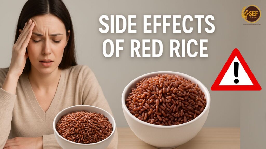 Woman holding stomach uncomfortably with red rice bowl in background.