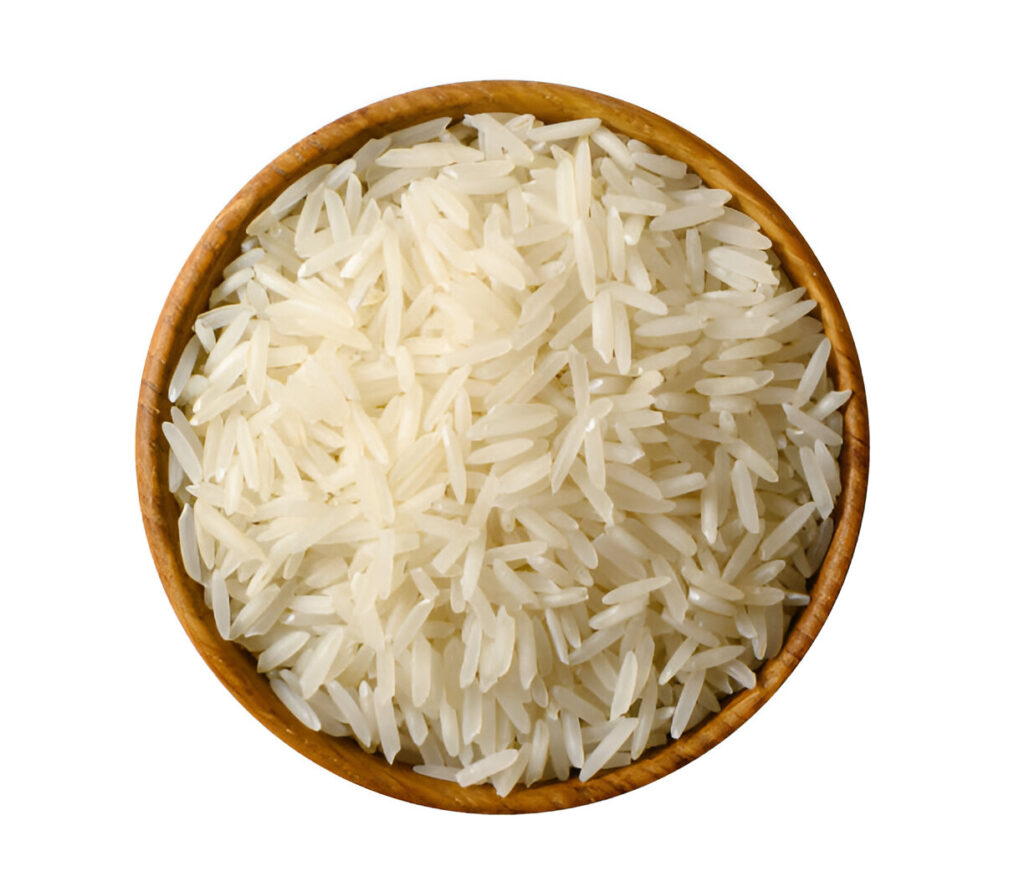 Long-grain aromatic Basmati rice in a wooden bowl
