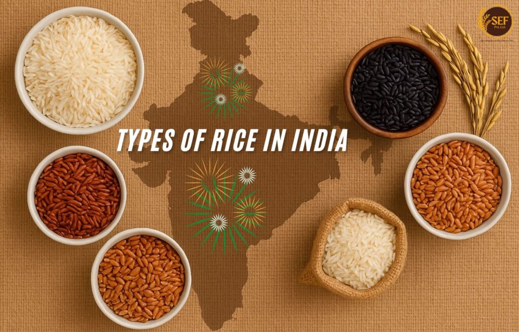 Assorted types of Indian rice displayed in bowls on a wooden table.
