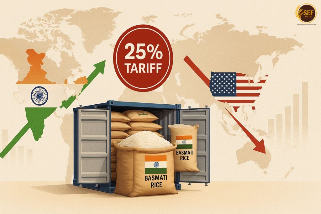 Digital illustration showing global rice trade impact due to U.S. tariffs on Indian rice, featuring cargo ships, rice sacks, and international trade symbols.