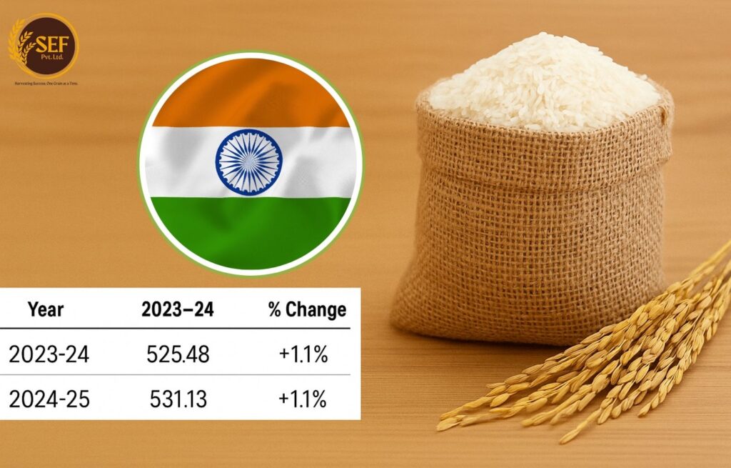 India procured 531.13 lakh tonnes of rice in FY 2024–25, up 1.1% YoY. Government faces challenge of managing surplus rice stock after record harvest.