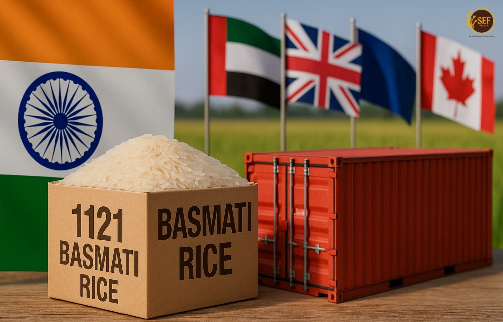 Long-grain 1121 Basmati rice exported from India in premium packaging with global trade icons.