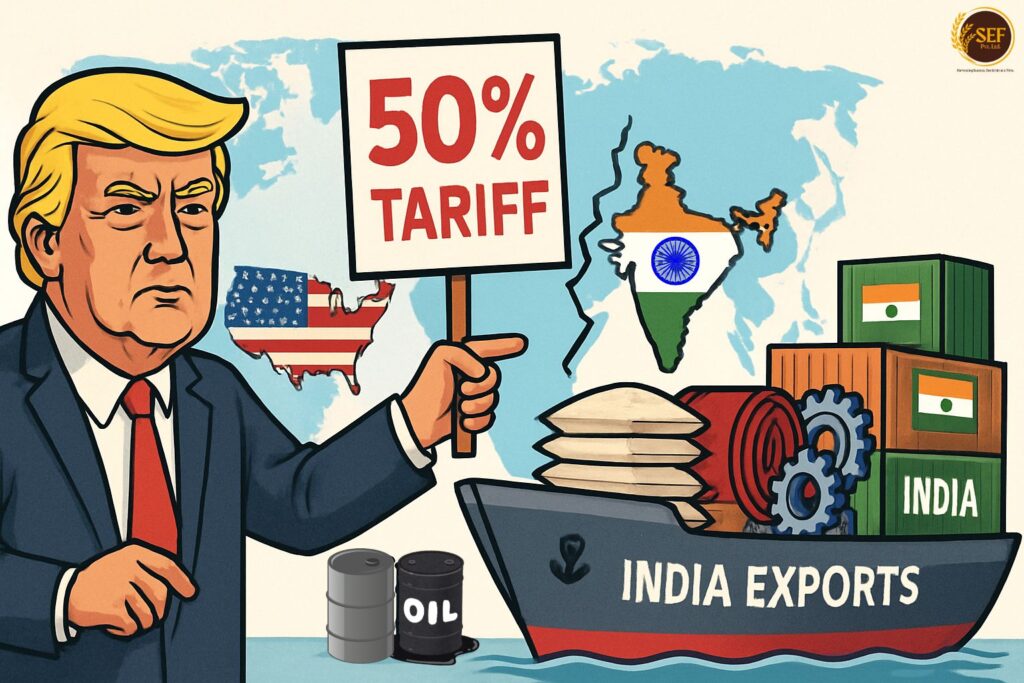 Cartoon illustration of Donald Trump imposing high tariffs on Indian exports due to Russian oil trade.