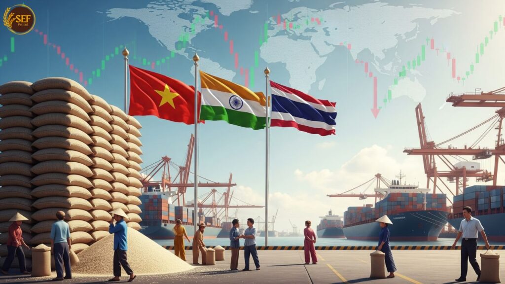 Traders handle rice exports in Asia as Vietnam and Indian rice prices rise, with Thailand supporting farmers amid global supply shifts.