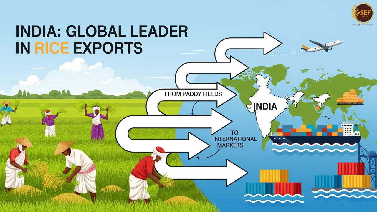 Infographic showing Indian farmers harvesting rice and cargo ships exporting worldwide.