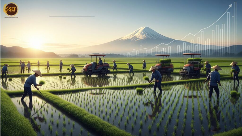 Japanese farmers harvesting rice in lush paddy fields under a clear sky, symbolizing increased rice production efforts.