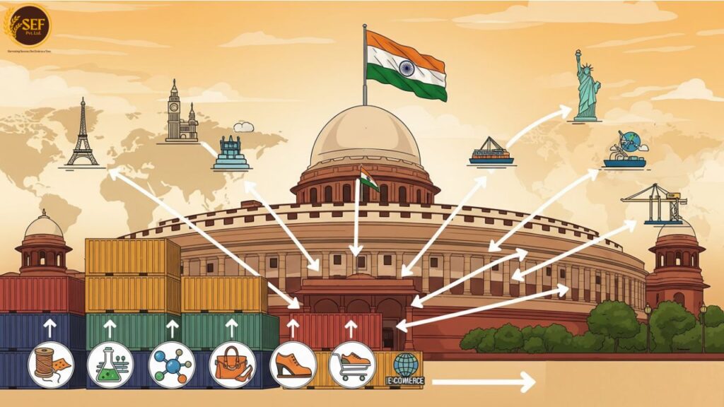 Indian Parliament with export containers and global trade icons symbolizing ₹2,250 crore export promotion mission.