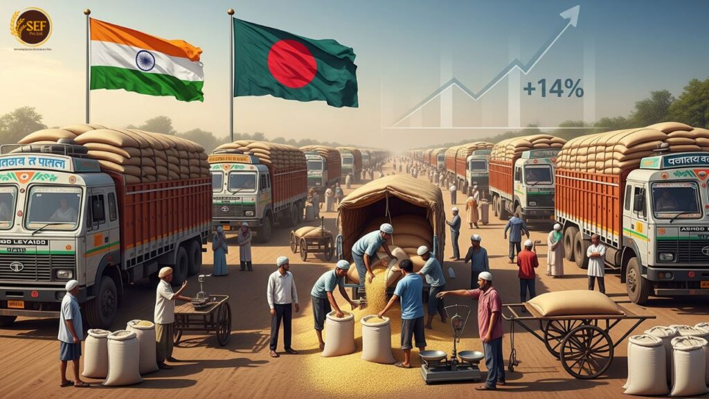 Rice trucks at India-Bangladesh border with traders unloading sacks, flags waving, and price chart showing +14% surge.