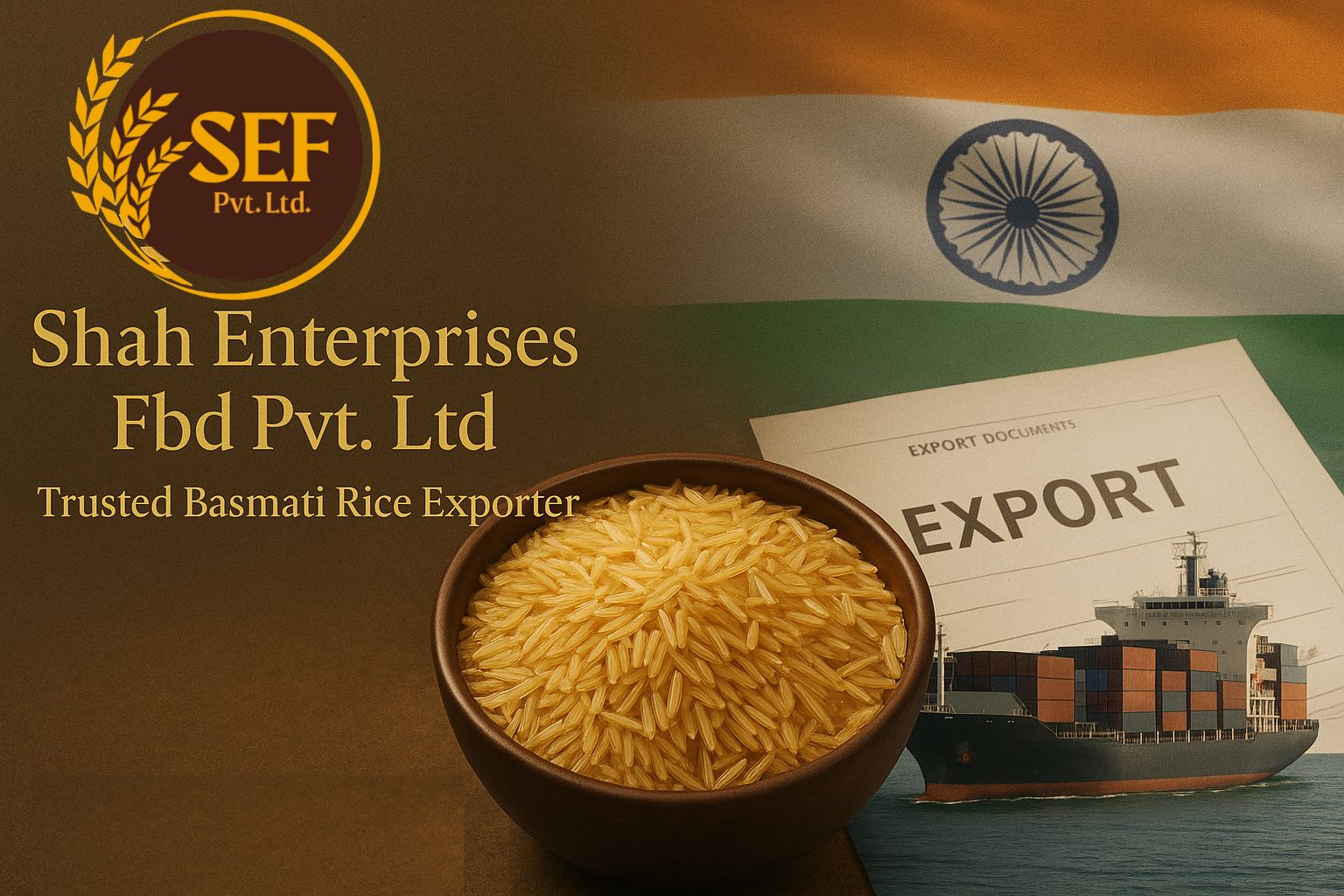 Premium banner of Shah Enterprises with golden Basmati rice, shipping vessel, and export documents.