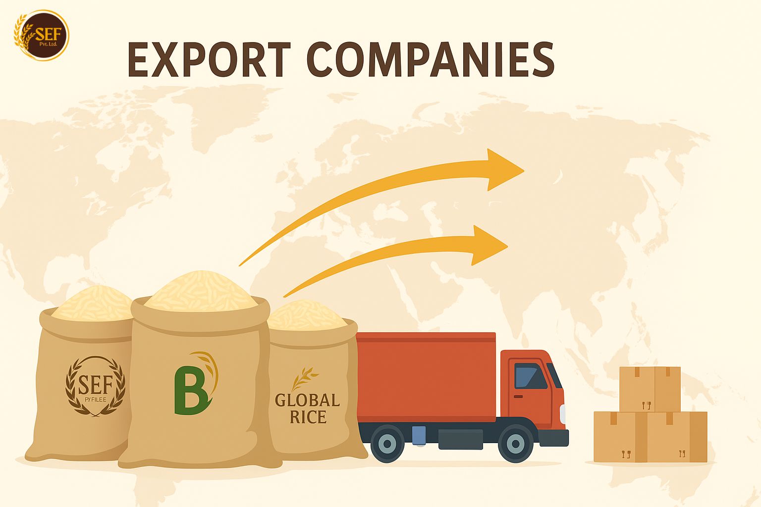 Infographic banner of top rice exporters in India with rice sacks, cargo trucks, and global trade routes.