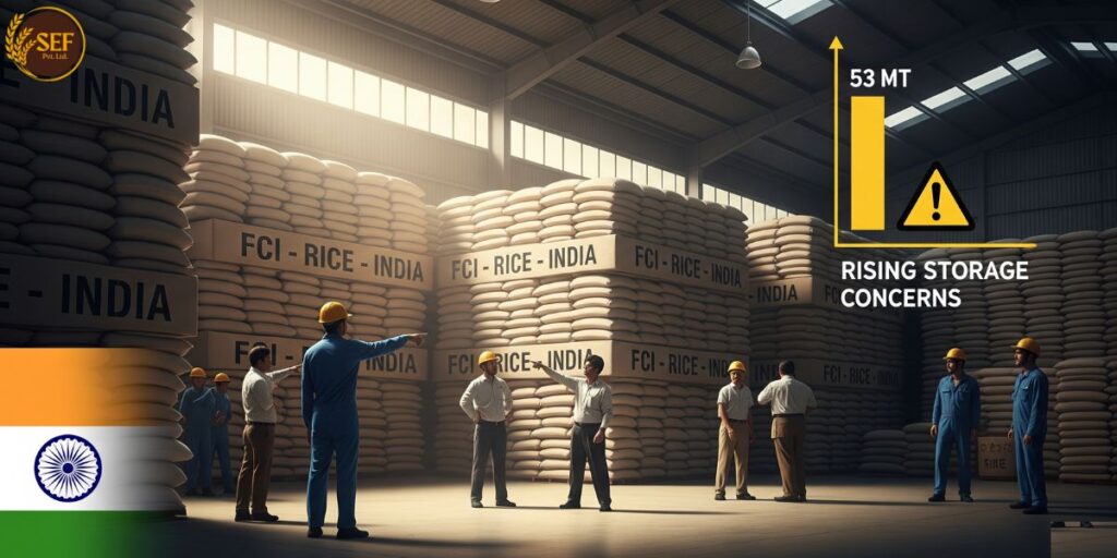 Rice stocks in India rise to 53 MT despite record open market sales, highlighting storage and subsidy challenges.