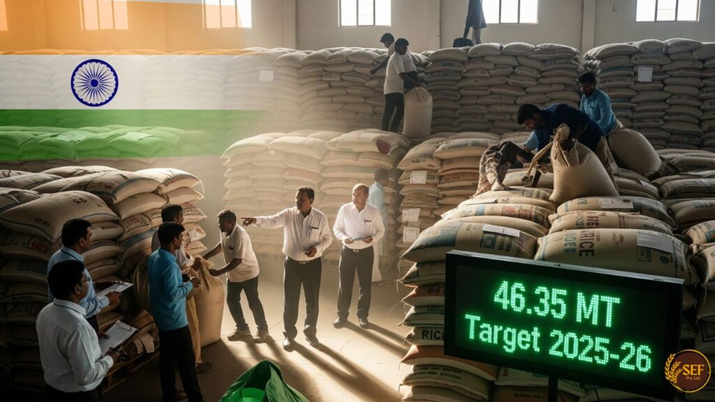 Rice sacks in Indian government warehouse as procurement target cut to 46.35 MT for 2025-26, focus shifts to millets.