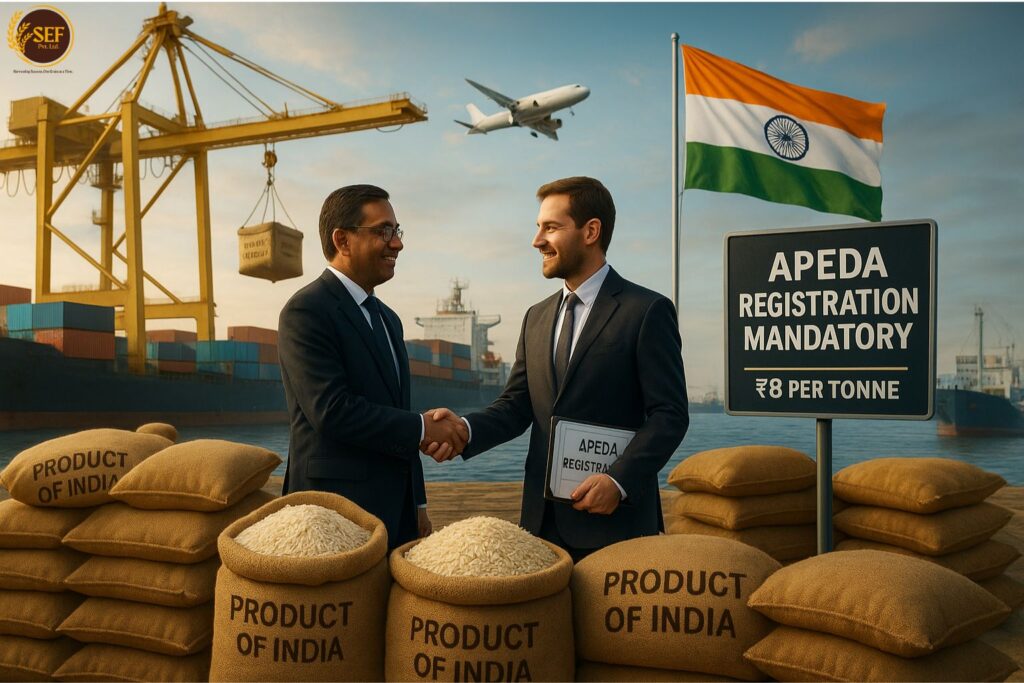 Realistic rice export policy concept with APEDA registration theme.