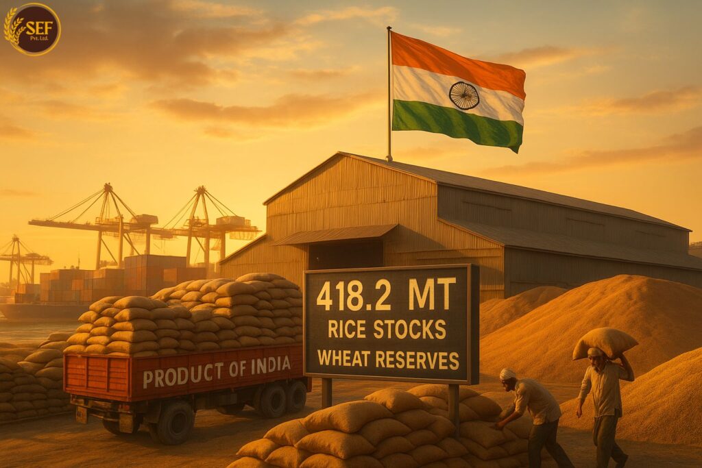 Record rice and wheat stocks in India, boosting exports and food security in 2025.