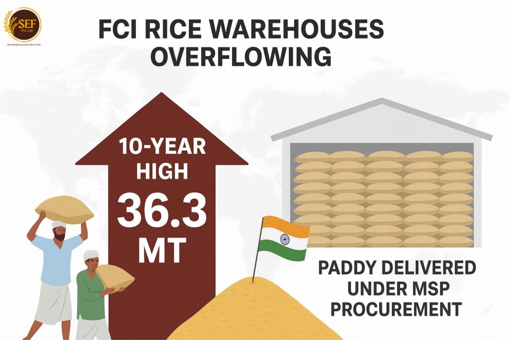 India’s rice stocks surge to 10-year high of 36.3 MT with FCI warehouses and procurement visuals.