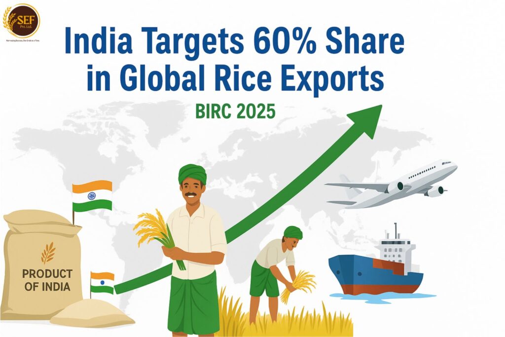 India targets 60% global rice export share through BIRC 2025 with visuals of farmers, ships, and cargo containers symbolizing export growth.
