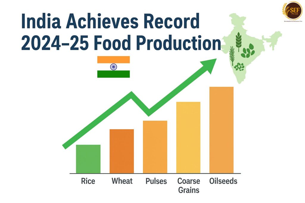 India’s record 2024–25 food production infographic showing growth in rice, wheat, pulses, and oilseeds on a white background.