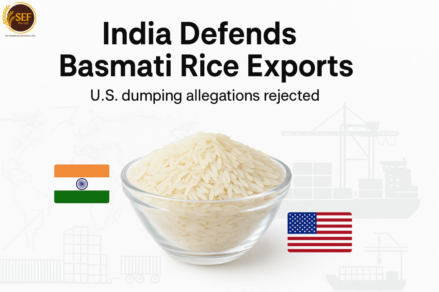 India rejects U.S. dumping allegations on premium Basmati rice exports with container shipping and trade visuals