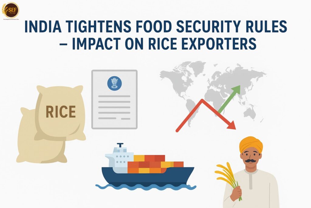 India food security rules infographic showing rice sacks, policy document, cargo ship, farmer, and trade arrows.