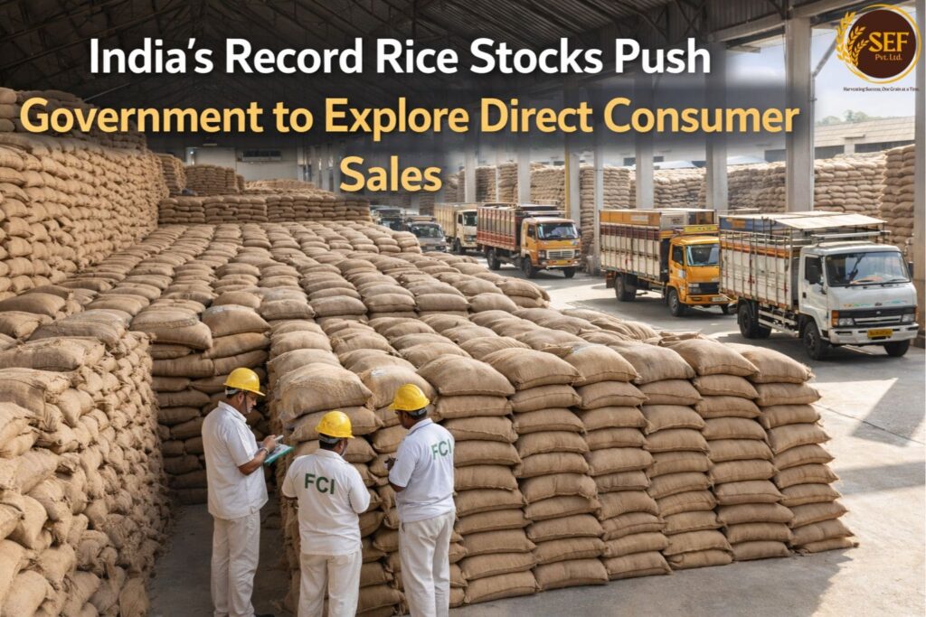 India’s record rice stocks stored at FCI warehouses amid surplus concerns.