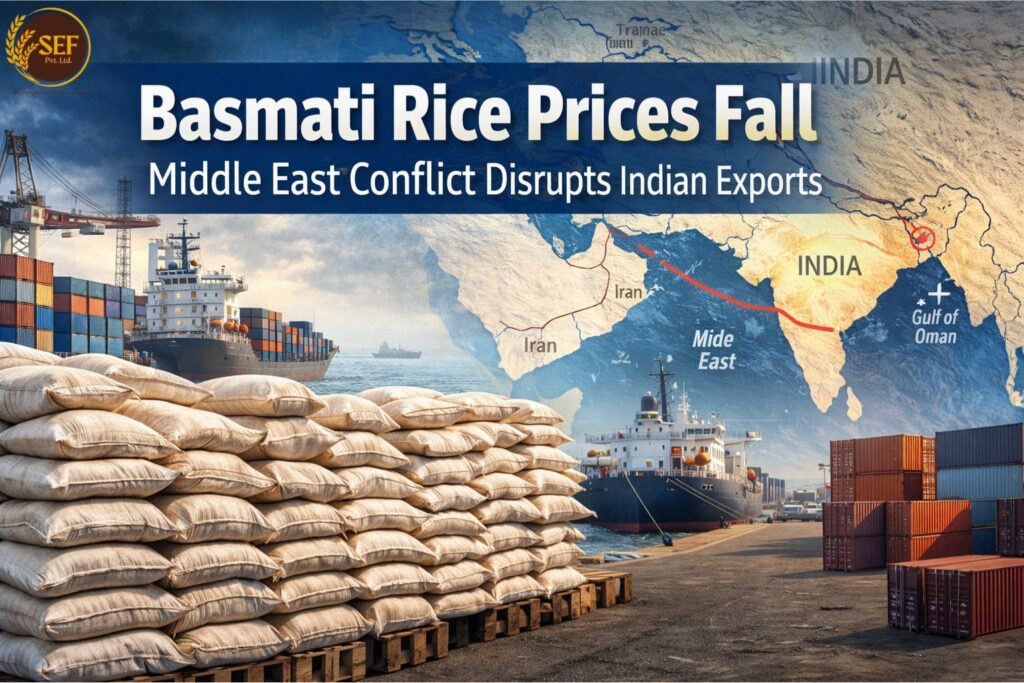 Basmati rice sacks and cargo ship at Indian port as export disruptions push prices lower.