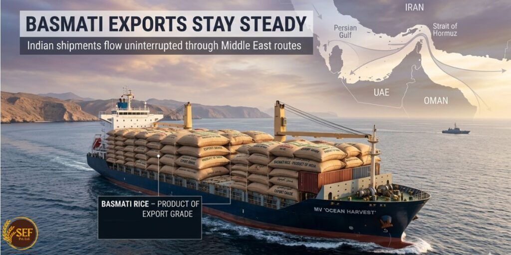 Cargo ship carrying Indian basmati rice through Middle East trade route