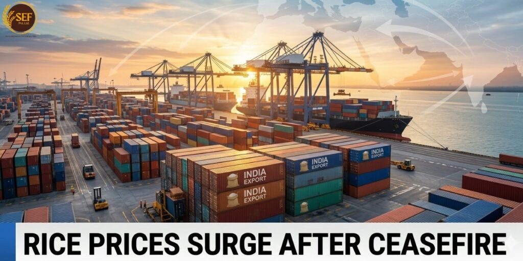 Rice export containers at Indian port after ceasefire boosts demand