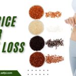 Healthy rice varieties including brown, red, black, and basmati rice arranged for weight loss comparison.