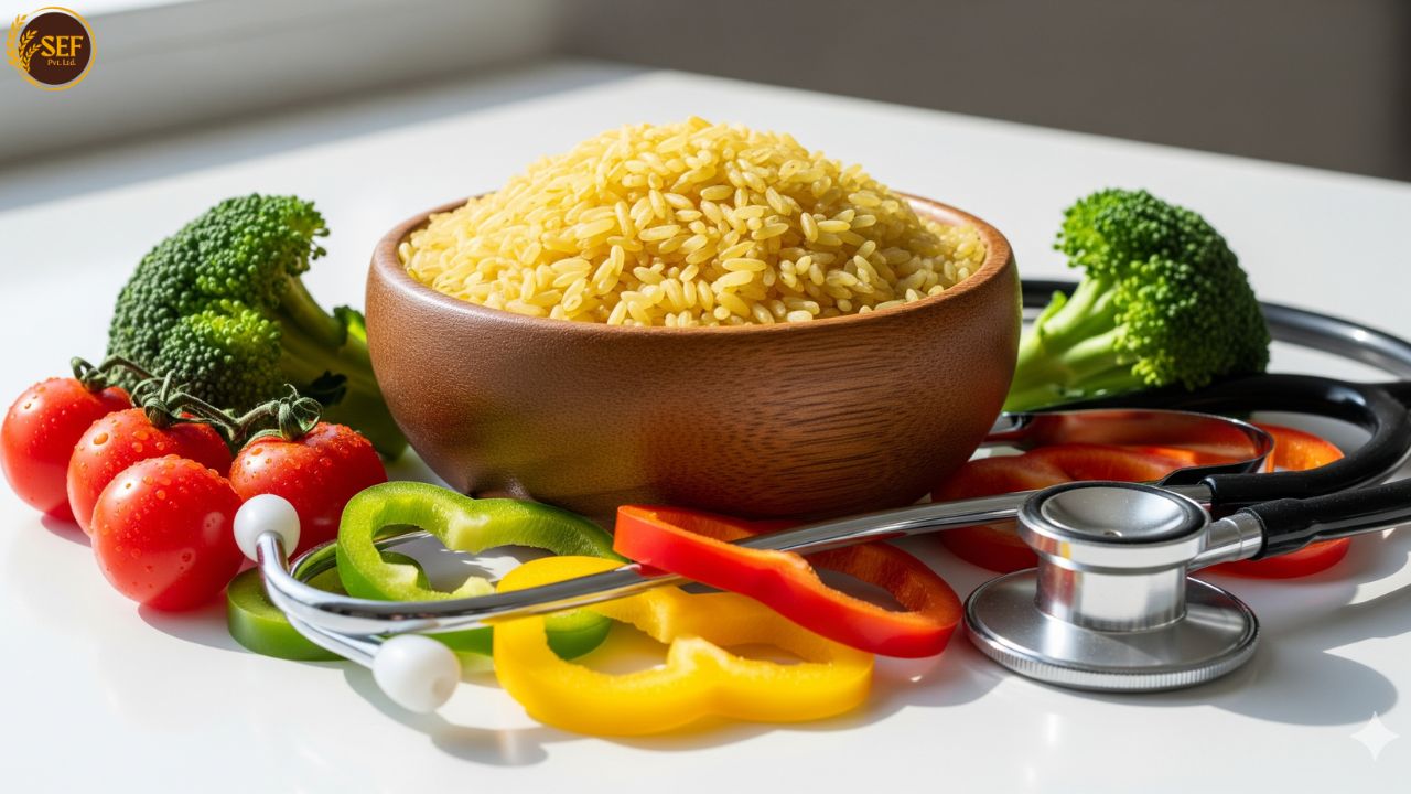 Healthy bowl of parboiled rice with vegetables symbolizing nutrition benefits.